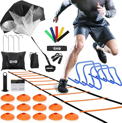 GHB Agility Ladder,Football Training Equipment Set,4 Agility Hurdles, 20 feet12 Rungs Speed Ladder,12 Disc Cones,Resistance Parachute, Jump Rope, 5 Resistance Bands