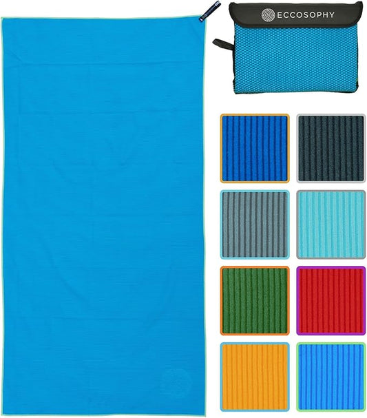 ECCOSOPHY Microfiber Beach Towel – Quick Dry Gym Towel, Highly Absorbent with Ribbed Texture, Lightweight – Ideal for Travel, Pool, Yoga, Fitness & Outdoor Adventures – 71x35 Azure