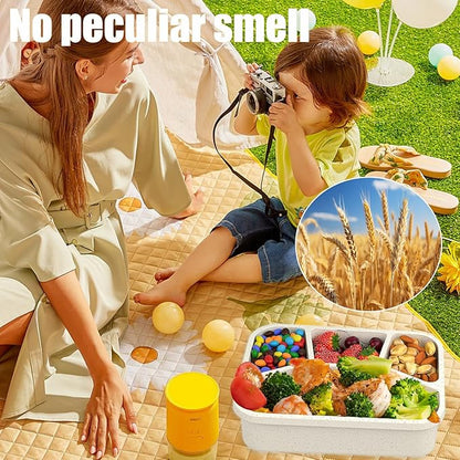 15 PCS Bento Box, 4 Compartment Bento Box Adult Set, Wheat Straw Bento Lunch Box, Reusable Lunch Snack Box, Microwave, Dishwasher and Freezer Safe Meal Prep Containers for Work, School and Travel