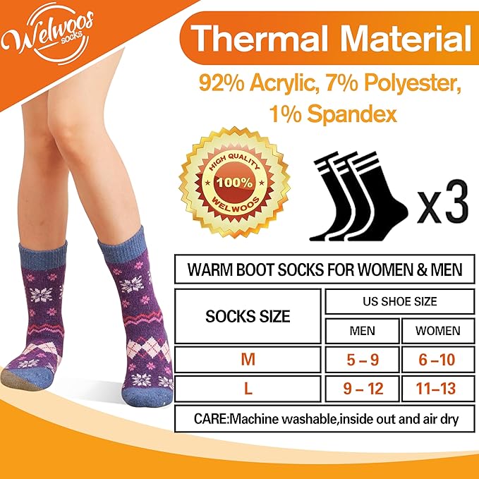 3 Pairs Warm Thermal Socks for Women & Men Winter Ski Thick Boot Insulated Socks for Cold Weather