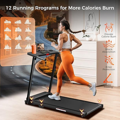 Treadmill with Handles, Portable Small Treadmills for Home and Office, 3.0HP Folding Walking Pad with 300 lbs Capacity, Cup Holder, LED Display and 12 Preset Programs