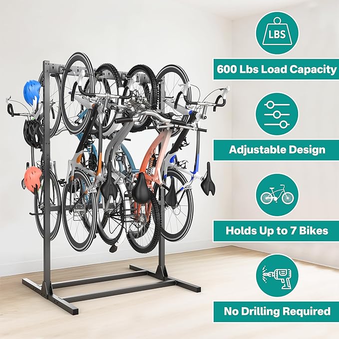 EVERHANGER Freestanding Bike Stand Rack with Adjustable Hooks, Vertical Bike Stand for Garage, Bicycle Storage Organizer, Holds Up to 7 Bikes & 7 Helmets