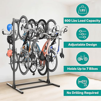 EVERHANGER Freestanding Bike Stand Rack with Adjustable Hooks, Vertical Bike Stand for Garage, Bicycle Storage Organizer, Holds Up to 7 Bikes & 7 Helmets
