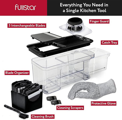 Fullstar All-in-1 Vegetable Chopper and Mandoline Slicer for Kitchen - Cheese Grater, French Fry Cutter, Cheese Slicer - Bonus Handheld Spiralizer Included (6 in 1, Black)