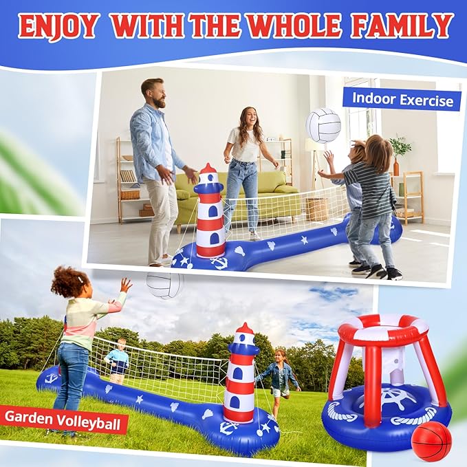EagleStone Pool Volleyball Net &Basketball Hoop Inflatable Pool Floats Toys Swimming Water Games for Adults and Kids 8-12 Teens Volleyball Court Poolside Floaties