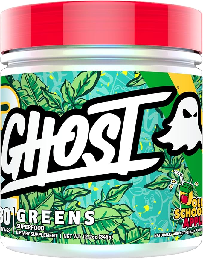 GHOST Greens Superfood Powder, Old School Apple - 30 Servings - 19 Super Greens & Reds, Fruits, Vegetables, Spirulina, & Chlorella, Prebiotics, 10 Billion CFU Probiotic & Digestive Enzymes - Soy-Free