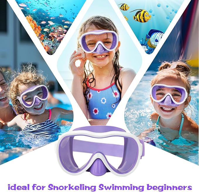 Kids Swim Goggles 180° Snorkel Diving Mask with Nose Cover, Anti-Fog Kids Swimming Goggles with Elastic Fabric Strap for Kids Boys Girls