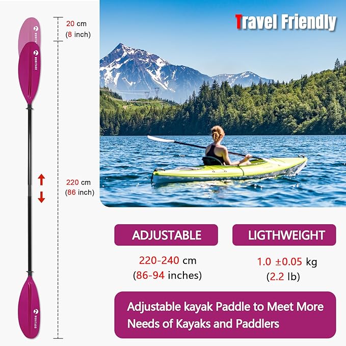 Kayak Paddles with Fiberglass Shaft and Reinforced PP Blade, Floating Adjustable Kayaking Oars, 3 Piece, 220-240 cm/86-94 Inches, 240-260 cm/94-102 Inches