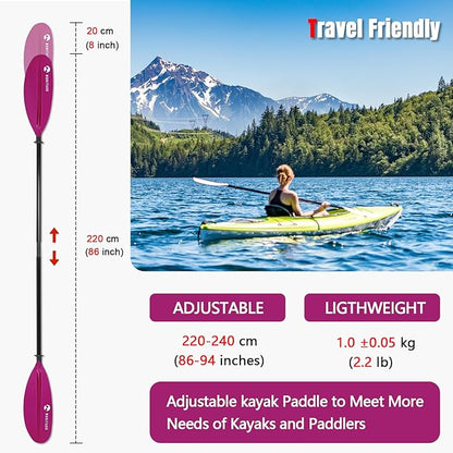 Kayak Paddles with Fiberglass Shaft and Reinforced PP Blade, Floating Adjustable Kayaking Oars, 3 Piece, 220-240 cm/86-94 Inches, 240-260 cm/94-102 Inches