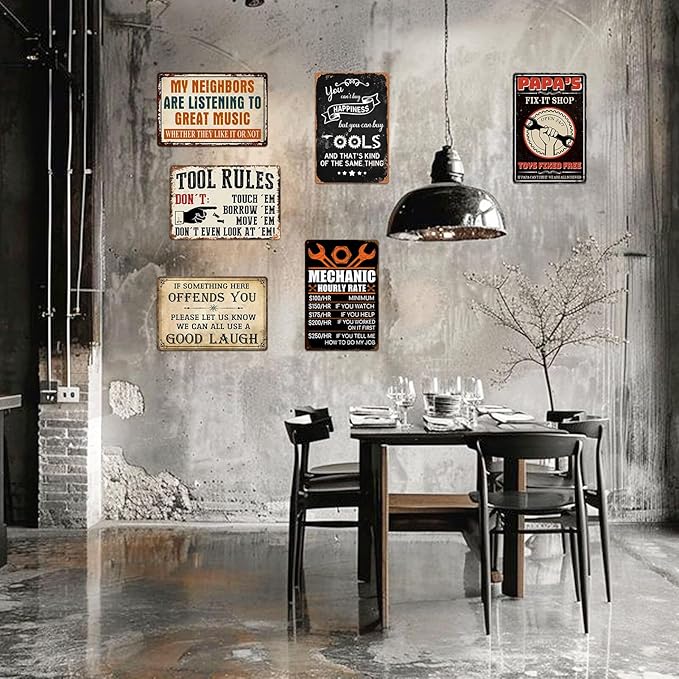 Garage Signs Metal Wall Decor - Vintage Tool Rule Metal Tin Signs for Men, Funny Shop Accessories Bar Decoration for Man Cave 8x12 Inch