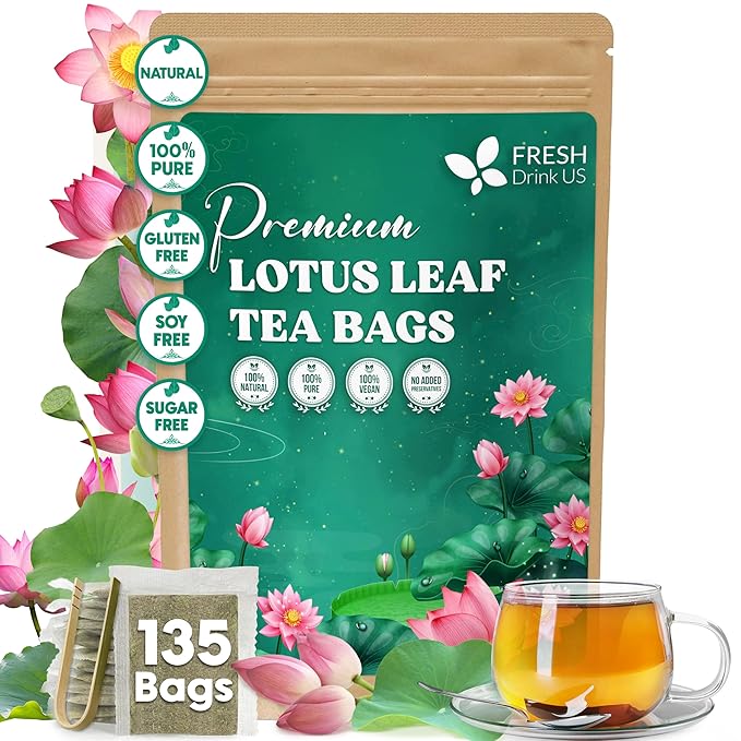 FreshDrinkUS, Premium 135 Lotus Leaf Tea Bags, 100% Natural & Pure from Lotus Leaves. Loose Leaf Lotus Herbal Tea. Made with Eco-Conscious Tea Bags. No Sugar, No Caffeine, No Gluten, Vegan.