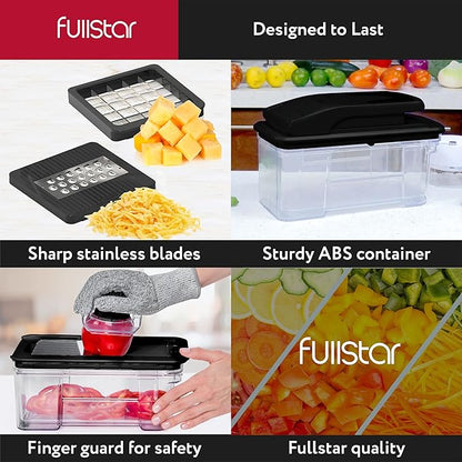 Fullstar All-in-1 Vegetable Chopper and Mandoline Slicer for Kitchen - Cheese Grater, French Fry Cutter, Cheese Slicer - Bonus Handheld Spiralizer Included (6 in 1, Black)