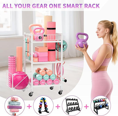 3-Tier Home Gym Storage Rack, Adjustable Yoga Mat Storage Rack, 250LBS Metal Workout Equipment Storage Cart with Large Basket & Lockable Wheels for Mats, Bands, Foam Rollers, Yoga Block