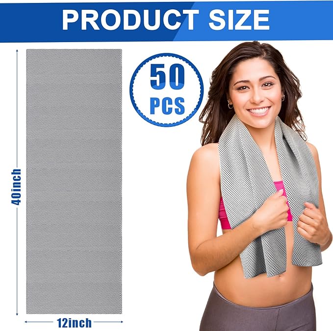 Shellwei 50 Pcs Cooling Towel 40 x 12 Inch Microfiber Workout Towels Breathable Chilly Towel Ice Cool Cold Towels Bulk Fast Drying Absorbent Sweat Rag for Neck Yoga Sports Golf Gym