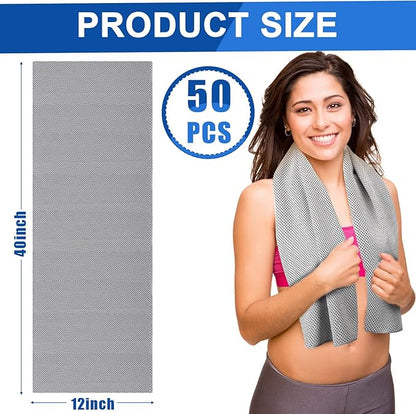 Shellwei 50 Pcs Cooling Towel 40 x 12 Inch Microfiber Workout Towels Breathable Chilly Towel Ice Cool Cold Towels Bulk Fast Drying Absorbent Sweat Rag for Neck Yoga Sports Golf Gym