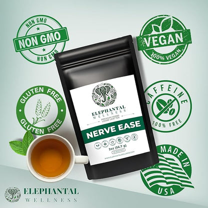 Elephantal Wellness Nerve Ease Herbal Tea | Calming Nervous System Support with Chamomile Tea, Passionflower, Lemon Balm Tea, Valerian & St. John’s Wort | Loose Leaf, Caffeine-Free, 2oz, 20 Servings