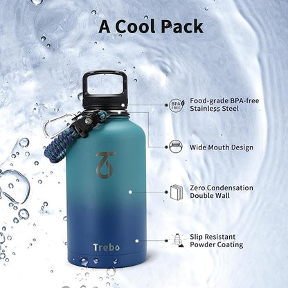 Trebo Insulated Water Bottle 64 oz, Half Gallon Metal Vacuum Water Jug with Handle and 3 Lids, Leakproof BPA-Free Water Flask for Gym Sports Hiking Travel, Keep Cold 48 Hours, Cyan Blue
