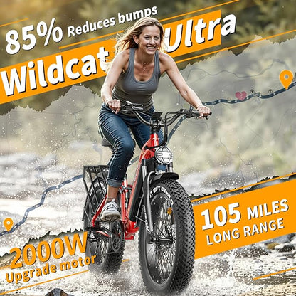 FREESKY Electric Bike for Adults,105mile Long Range Ebike, 2000W Motor 37MPH Fast Step-Thru E Bike 25Ah Samsung Cells Battery Full Suspension Electric Dirt Bicycle 26'' Fat Tire for Commuter Mountains