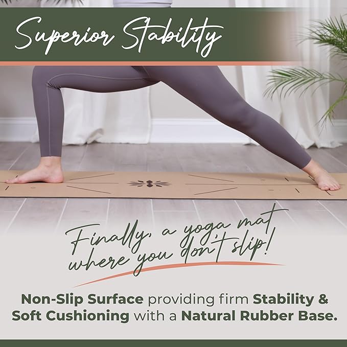 Premium Yoga Cork Mat | 5mm Thick Natural Tree Rubber Base and Bigger Mat for Extra Support, Alignment lines for Guidance | Non-Slip, Natural & Eco-friendly, Your Ultimate Eco-Friendly Yoga Companion