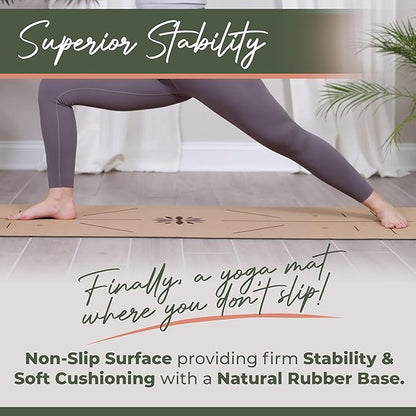 Premium Yoga Cork Mat | 5mm Thick Natural Tree Rubber Base and Bigger Mat for Extra Support, Alignment lines for Guidance | Non-Slip, Natural & Eco-friendly, Your Ultimate Eco-Friendly Yoga Companion