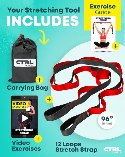 Stretching Strap with Loops - Non Elastic Stretch Band for Physical Therapy, Yoga Strap for Stretching Equipment, Stretch Bands for Exercise and Flexibility - Fascia, Hamstring & Leg Stretcher Belt