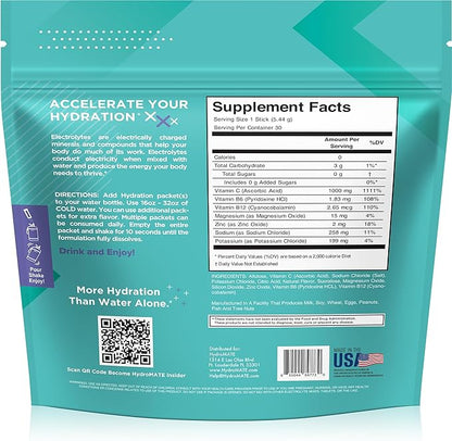 Electrolyte Powder Sugar-Free Hydration Packets Acai Berry HydroMATE 30 Sticks