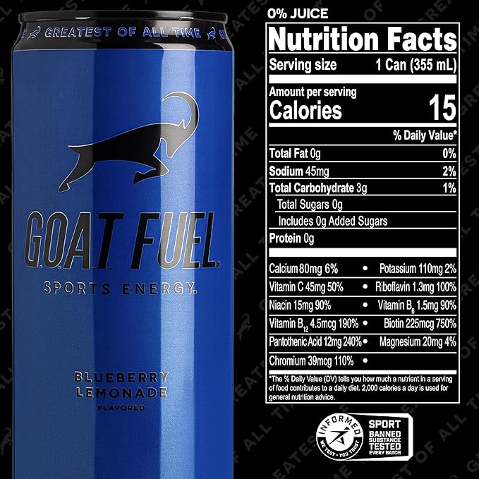 G.O.A.T. Fuel Energy Drink, Co-Founded by Jerry Rice, Natural Caffeine, Electrolytes, BCAAs, Cordyceps Mushrooms & Antioxidants, Light Carbonation Pre Workout, 12 Pack, 12 FL Oz, Blueberry Lemonade