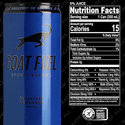 G.O.A.T. Fuel Energy Drink, Co-Founded by Jerry Rice, Natural Caffeine, Electrolytes, BCAAs, Cordyceps Mushrooms & Antioxidants, Light Carbonation Pre Workout, 12 Pack, 12 FL Oz, Blueberry Lemonade