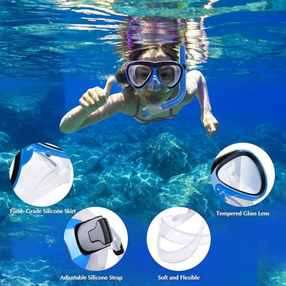 GreenLF Kids Snorkel Set, Anti-Fog Snorkeling Mask with Nose Covers for Youth Junior Child, Boys & Girls Age 5-12, Semi-Dry Diving Scuba Swimming Goggles Gear Packages