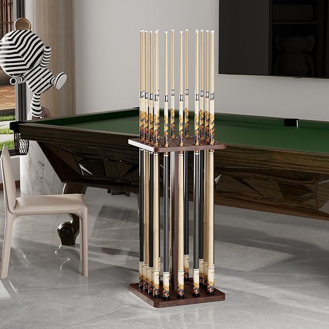 360 Degree Rotating Pool Stick Holder, Pool Cue Holders for Billiard Room, Floor Stand Billiard Cue Rack up to 16 Sticks, Natural Wood Pool Cue Equipment Storage Organizer, Billiard Gifts for Men