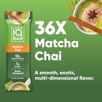 IQBAR Brain and Body Plant Protein Bars - Matcha Chai - 36-Count Low Carb - Gluten Free, High Fiber, Vegan Snacks - Low Sugar Meal Replacement