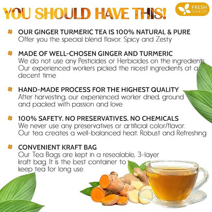 FreshDrinkUS, Premium 85 Ginger Turmeric Tea Bags, 100% Natural Ingredients, Hand-made Blend of Ginger and Turmeric Herbal Tea, Eco-conscious Tea Bags. No Sugar, No Caffeine, No Gluten, Vegan.