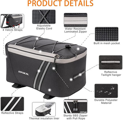 JXFUKAL Rear Bike Rack Bag with Rain Cover, 7L/9L/10L/12L Waterproof Bicycle Ebike Saddle Bag Cycling Pannier Trunk Carrier with Reflector & Adjustable Cord for Commuter Travel Outdoor