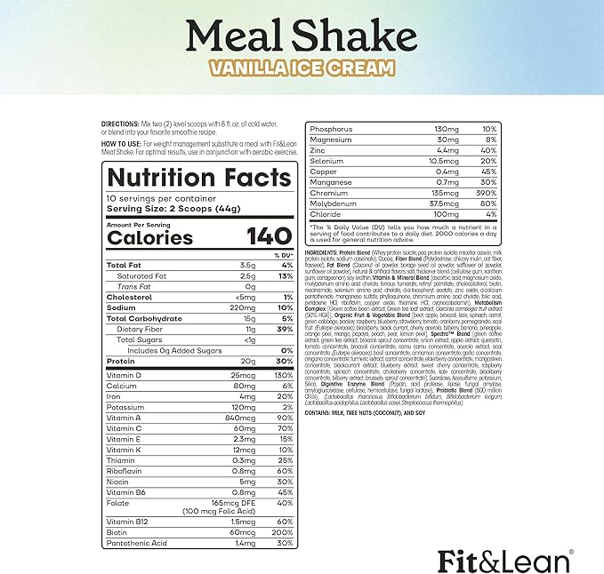 Fit & Lean Meal Shake, Fat Burning Meal Replacement, Protein, Fiber, Probiotics, Vanilla, 1lb, 10 Servings Per Container