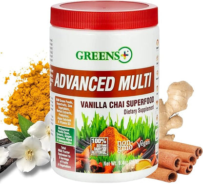 Greens+ Advanced Multi Vanilla Chai Superfood Powder, Organic Healthy Blend for Morning Vitality, Nutrition, Vibrant Health, Dietary Supplement, Vitamins Minerals, Vegan, Soy/Dairy/Gluten Free(9.4oz)