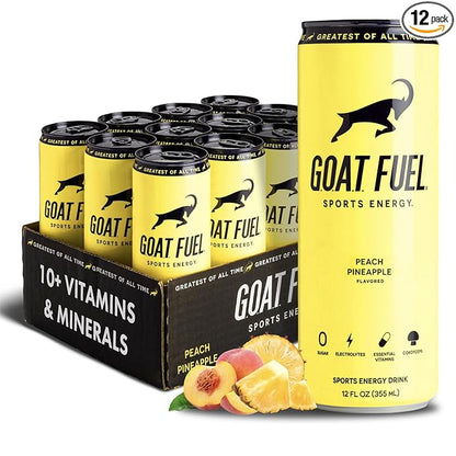 G.O.A.T. Fuel Energy Drink, Co-Founded by Jerry Rice, Natural Caffeine, Electrolytes, BCAAs, Cordyceps Mushrooms & Antioxidants, Light Carbonation Pre Workout, 12 Pack, 12 FL Oz, Peach Pineapple
