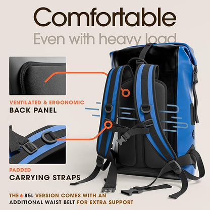 Earth Pak Waterproof Backpack - Heavy Duty Hiking Backpack - Roll-Top Closure - Waterproof Bag - Cushioned Dry Bags Waterproof w/ IPX8 Waterproof Phone Case - Wet Bag for Hiking, Kayak(Blue, 85L)