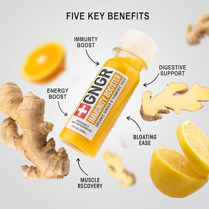 '+GNGR Immunity Booster Organic Ginger and Turmeric Shot - Cold Pressed Ginger Shots with Turmeric, Cayenne Pepper, Orange, Lemon for All Natural Immune & Digestive Support (2 Oz, Pack of 12)
