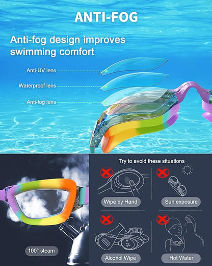Kids Swim Goggles, Swimming Goggles for Kids with Nose Clip, Earplugs, Nose Bridge for Age 3-15