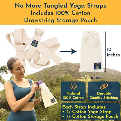 Adaptive Yoga Strap, Stretching Strap, 2 Inches Wide, 100% Naturally Soft Cotton, Steel D-Rings, Includes Natural Cotton Drawstring Storage Pouch and Instructional E-Book