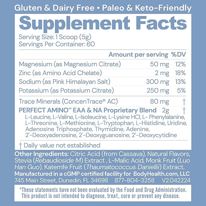 BodyHealth PerfectAmino Electrolytes Powder No Sugar, Keto Sugar Free Fasting Electrolytes Drink Mix, Hydration Powder with Trace Minerals - Mixed Berry - 60 Servings