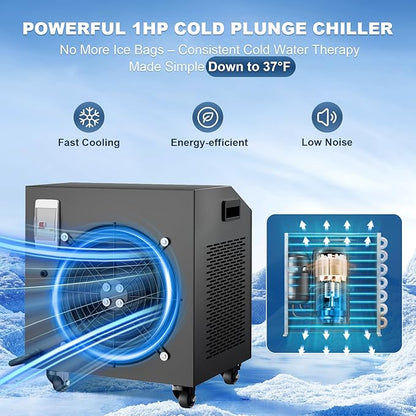 Ice Bath Water Chiller for Cold Plunge Tubs, 1HP Upgraded Cold Plunge Chiller with External Filter & Pump, Submersible Pump, Insulated Hoses, 110V Cooling Chiller for for Cold Therapy Recovery
