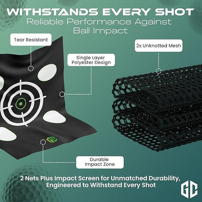 GrdnCare Golf Hitting Net 10x10x10ft – Golf Practice Net with Silent Target Tarp, Mat & Tee with Carry Bag (No Metal Frame) – Indoor Practice for Backyard or Garage & Outdoors