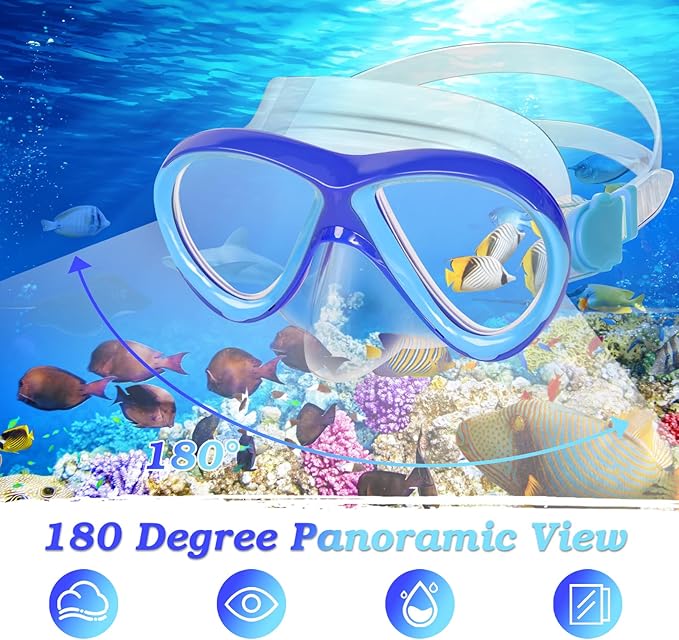 Kids Mask Fins Snorkel Set, Dry Top Snorkeling Gear for Kids Youth Boys Girls Junior Age 5-15 Tempered Glass Snorkel Mask Set Panoramic View Snorkeling Packages