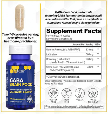 GABA Brain Food - GABA Supplement with L-Citrulline & Grape Seed Extract - Supports Calm & Relaxation - Nighttime Sleep Aid - Supports Production of Gamma Aminobutyric Acid - 60 L-Citrulline Capsules