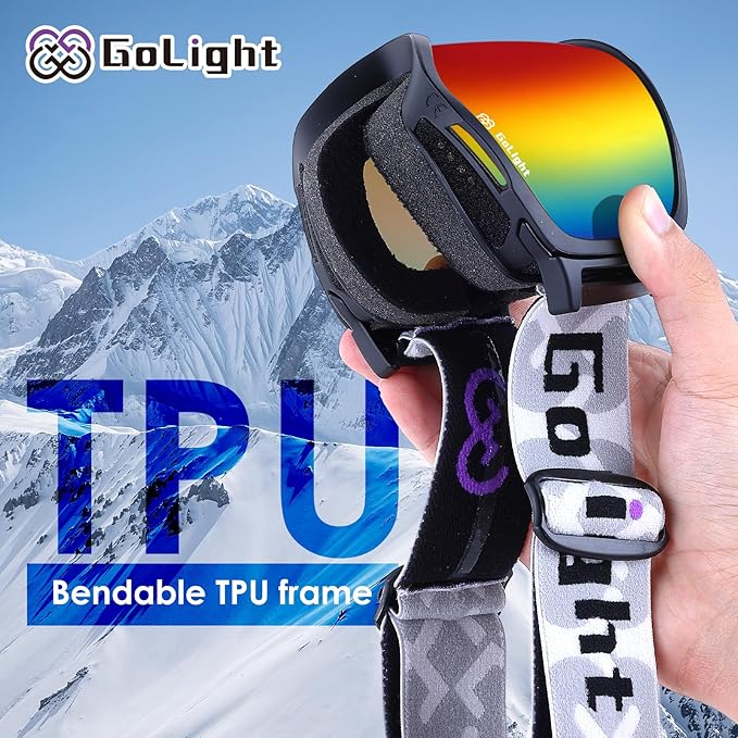 GoLight OTG Anti-Fog Ski Goggles for Men Women ??Spherical REVO Lens, UV400, Breathable TPU Frame, Adjustable Non-Slip Strap