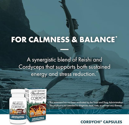 Host Defense CordyChi Capsules - Energy & Immune Support Supplement - Cordyceps & Reishi Mushroom Supplement for Relaxation & Respiratory Support - Aids Against Tiredness - 30 Capsules (15 Servings)*