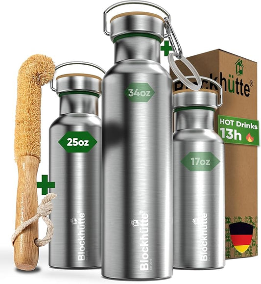 Blockhütte Vacuum Insulated Stainless Steel Water Bottle I 25 oz I Wide Mouth Metal Bottle for hot and cold drinks I BPA-Free I for Travel, School I Kids, Adults, Water Canteen, Sports, flask