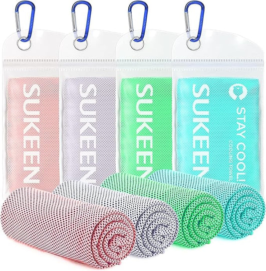 Sukeen 4 Pack Cooling Towel (40"x12") for Sweat, Quick-Drying Neck Cooling Wraps, Soft & Breathable Chilly Sports Towel for Yoga, Sport, Running, Workout, Cooking, Microfiber