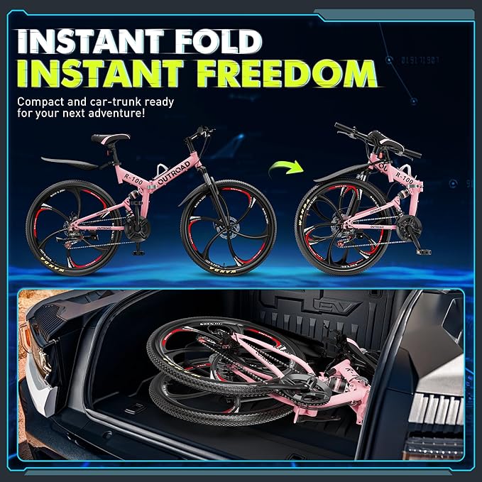 26 Inch Folding Mountain Bike, 21 Speed Full Suspension Bicycle with High-Carbon Steel, Dual Disc Brake Non-Slip Quick Release tire Folding Bicycle for Adults/Men/Women